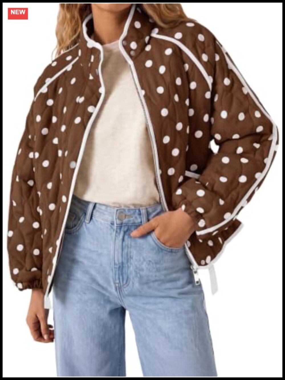 Women's Quilted Polka Dot Zip Up Lightweight Jacket
